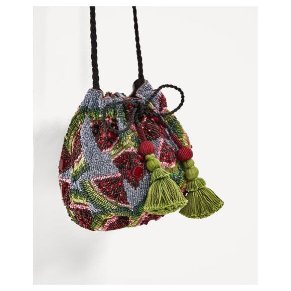 Zara Handbags - NWT Zara Hand Beaded Watermelon Bucket Bag 4348/204/202 Blogger Favorite